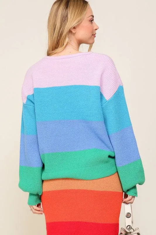 Bold Rainbow Stripe Oversized Chunky Knit Pullover