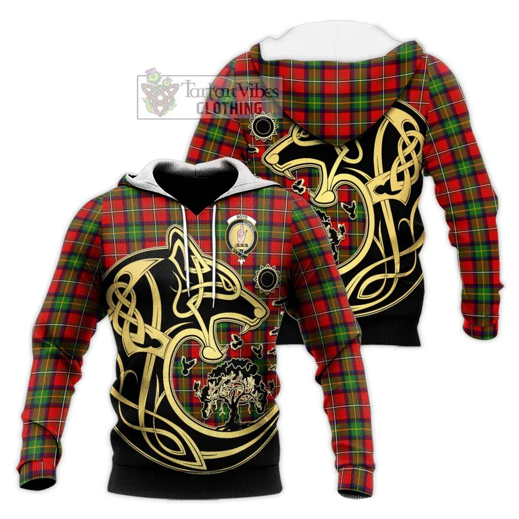 Boyd Tartan Knitted Hoodie with Family Crest Celtic Wolf Style