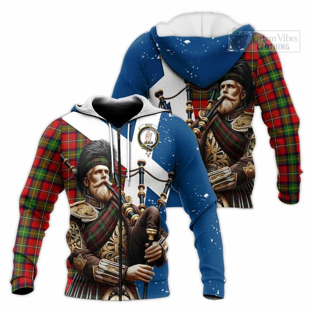 Boyd Tartan Knitted Hoodie with Family Crest Scottish Bagpiper Vibes