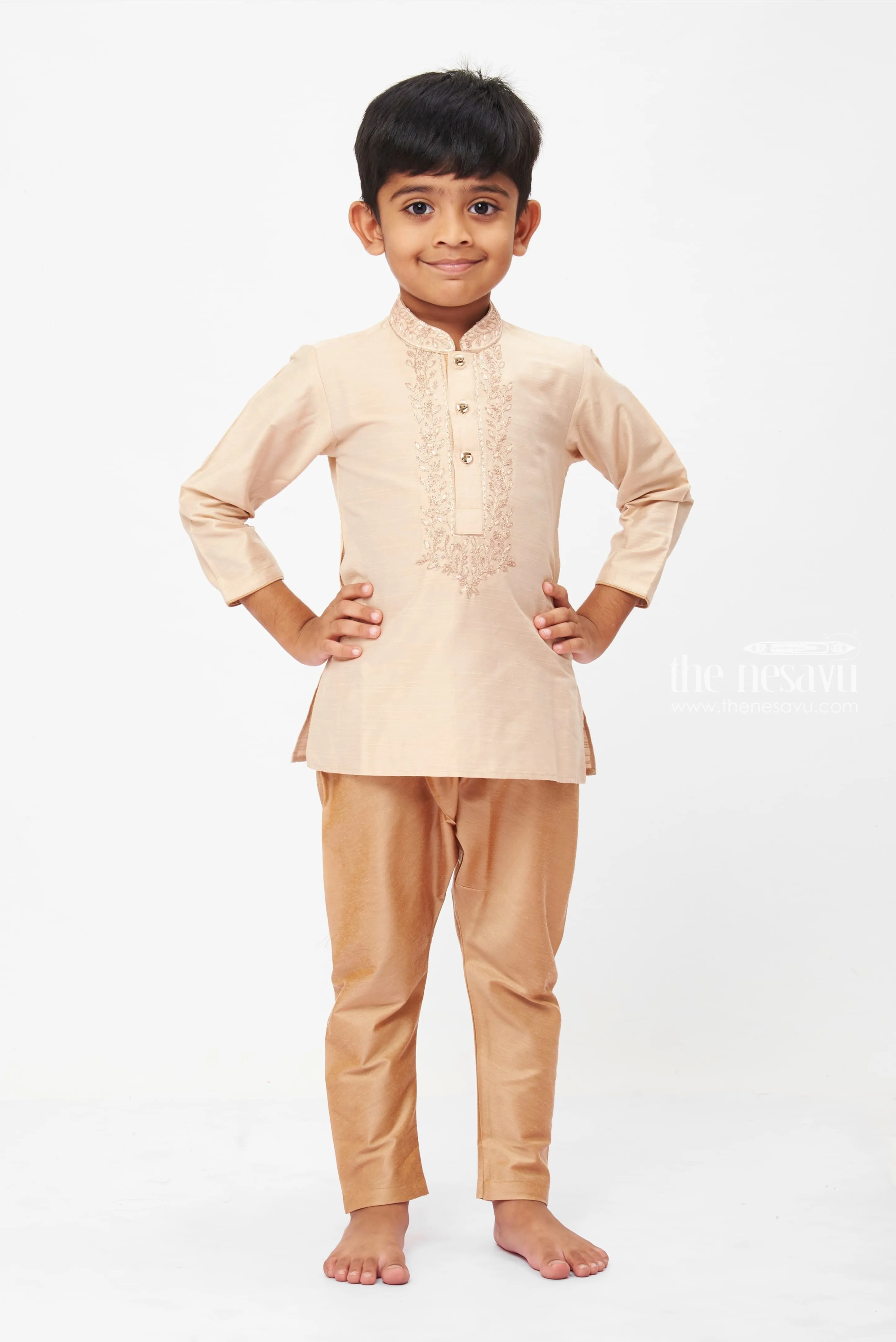 Boys Traditional Beige Embroidered Kurta with Velvet Pants Set - Perfect for Formal Occasions