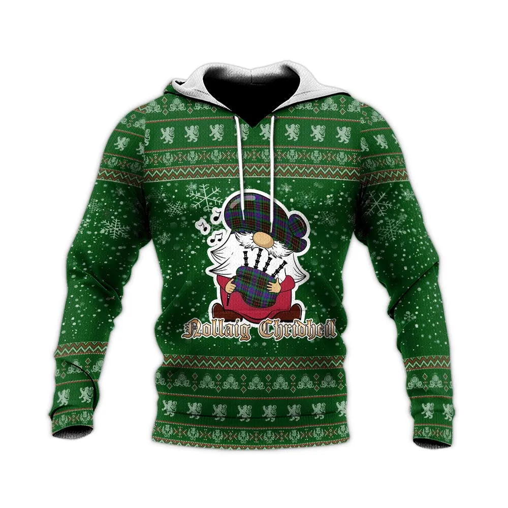 Brodie Hunting Modern Clan Christmas Knitted Hoodie with Funny Gnome Playing Bagpipes