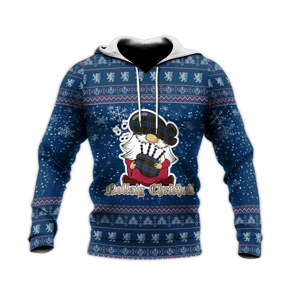 Brodie Hunting Modern Clan Christmas Knitted Hoodie with Funny Gnome Playing Bagpipes