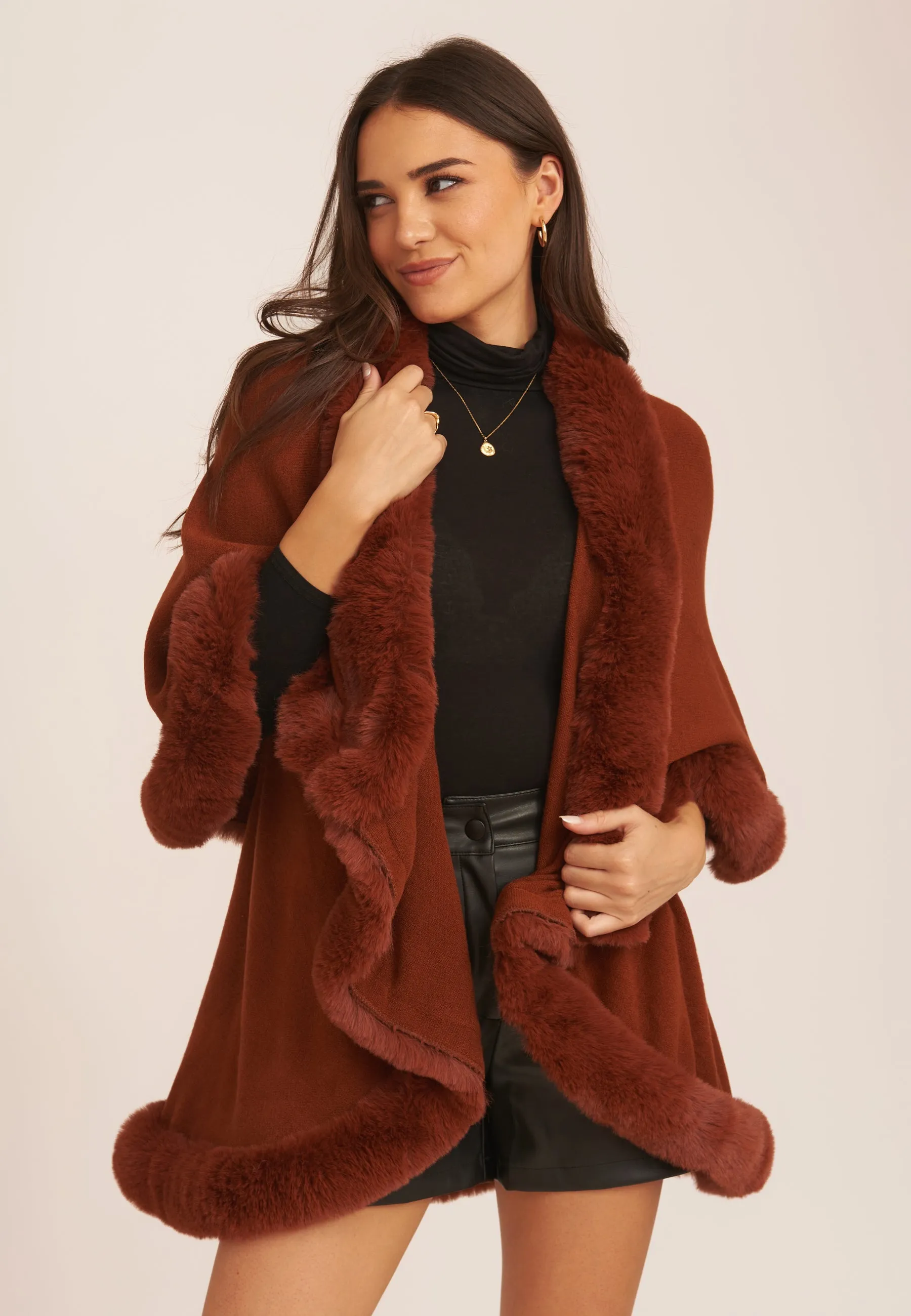 Brown Fur Trim Double Layer Cape