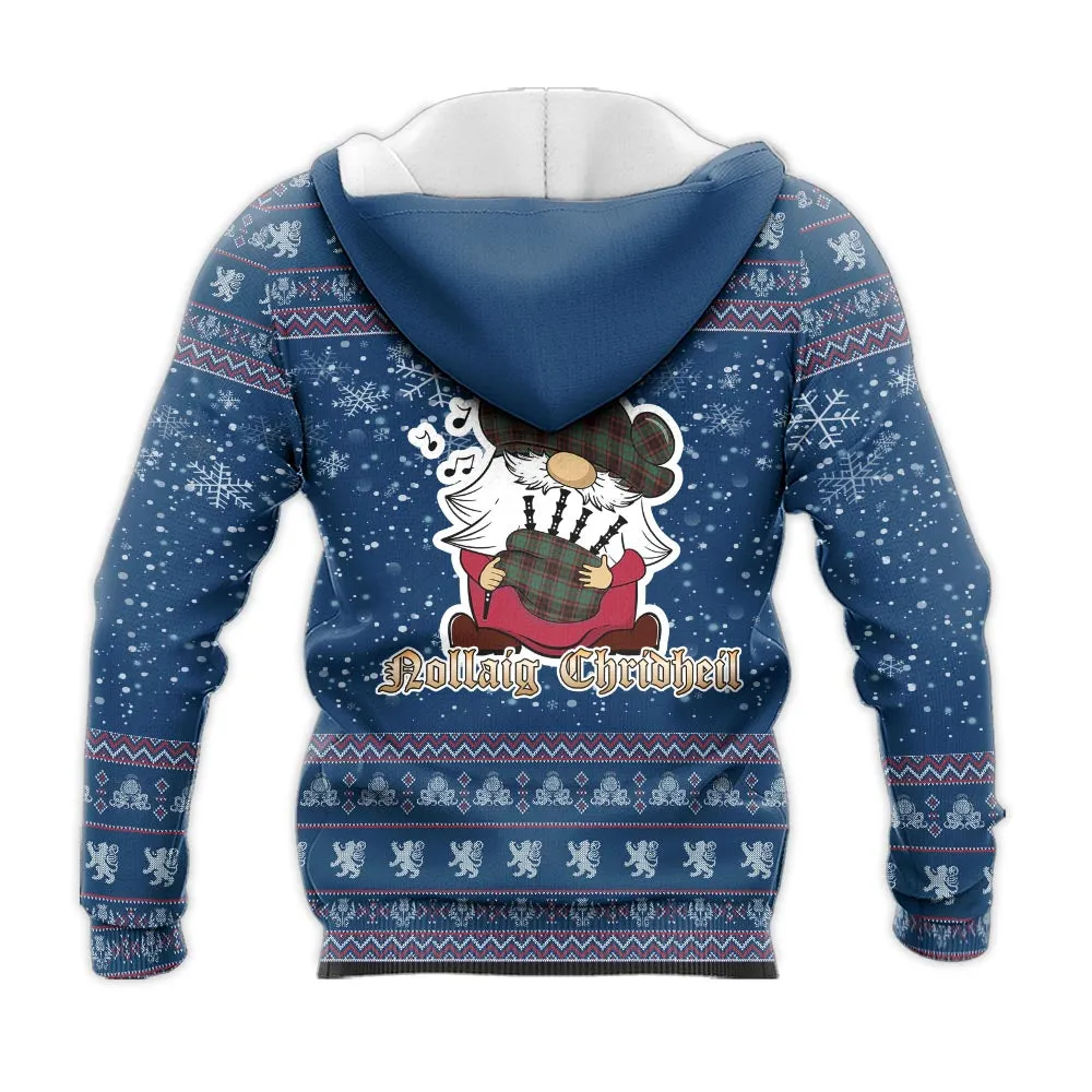 Buchan Ancient Clan Christmas Knitted Hoodie with Funny Gnome Playing Bagpipes