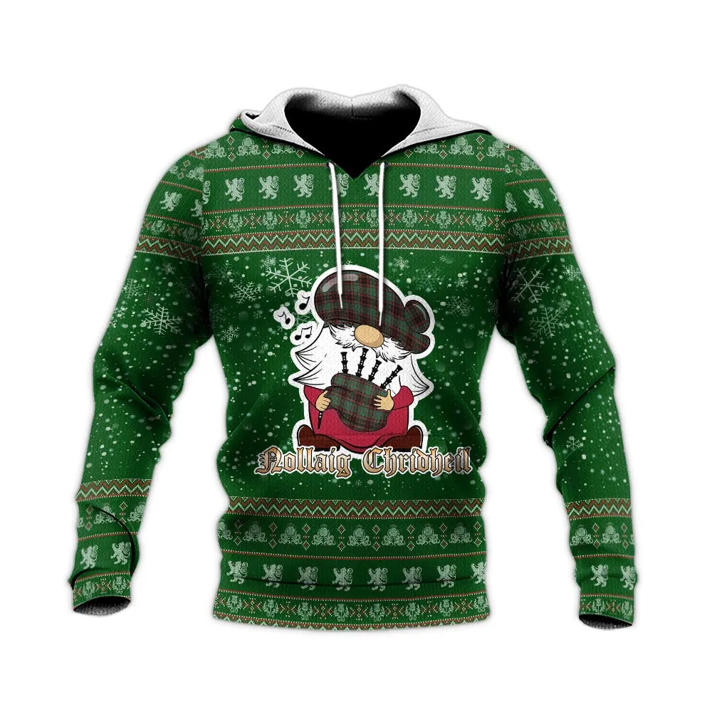 Buchan Ancient Clan Christmas Knitted Hoodie with Funny Gnome Playing Bagpipes