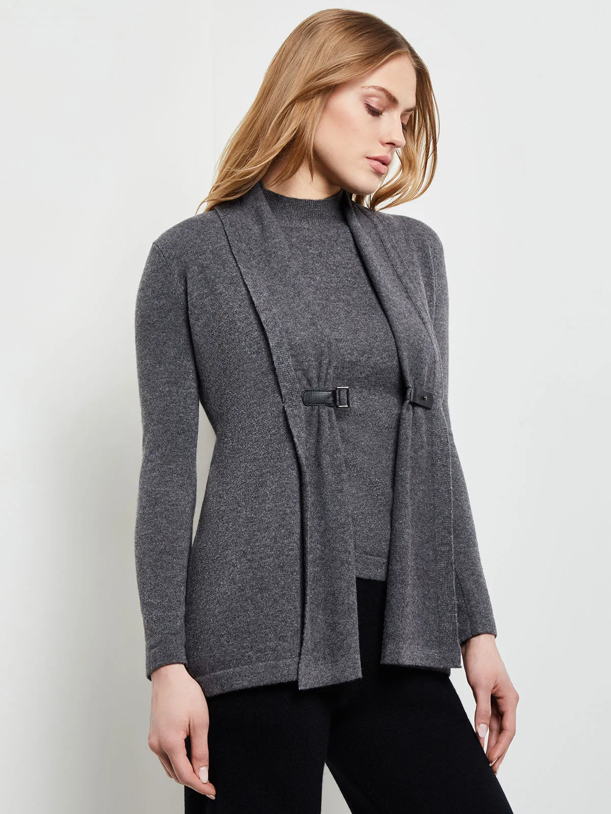 Buckle Detail Shawl Collar Cashmere Cardigan, Charcoal