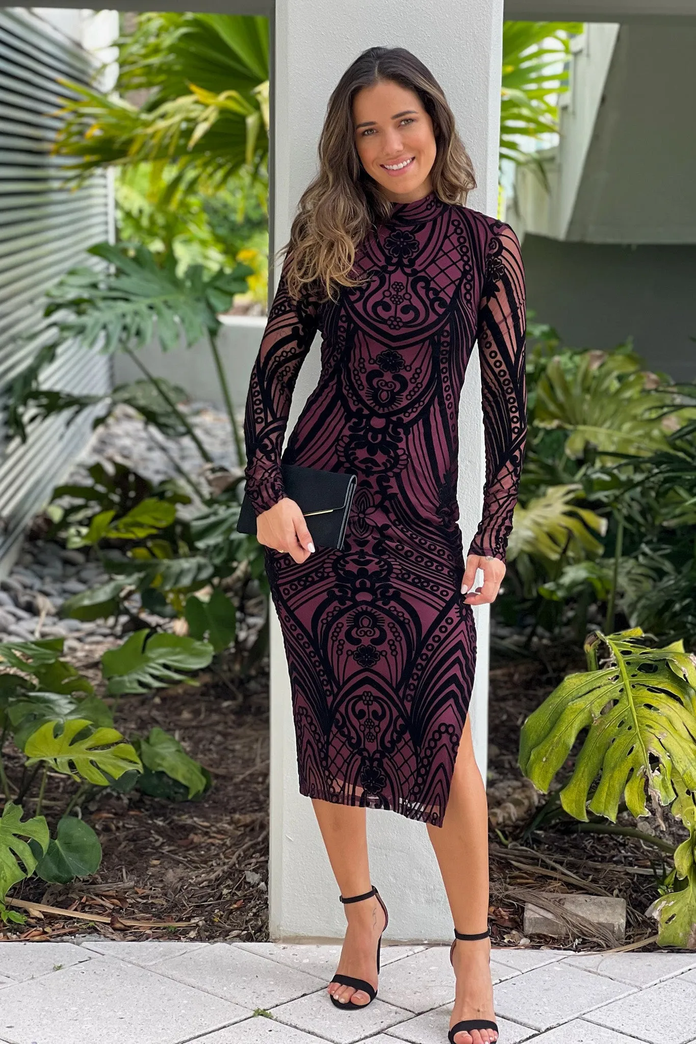 Burgundy And Black Velvet Midi Dress