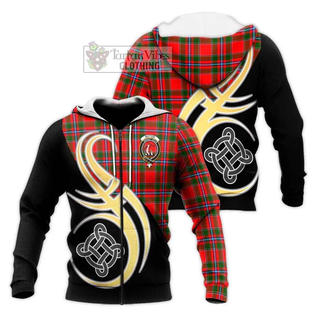 Butter Tartan Knitted Hoodie with Family Crest and Celtic Symbol Style