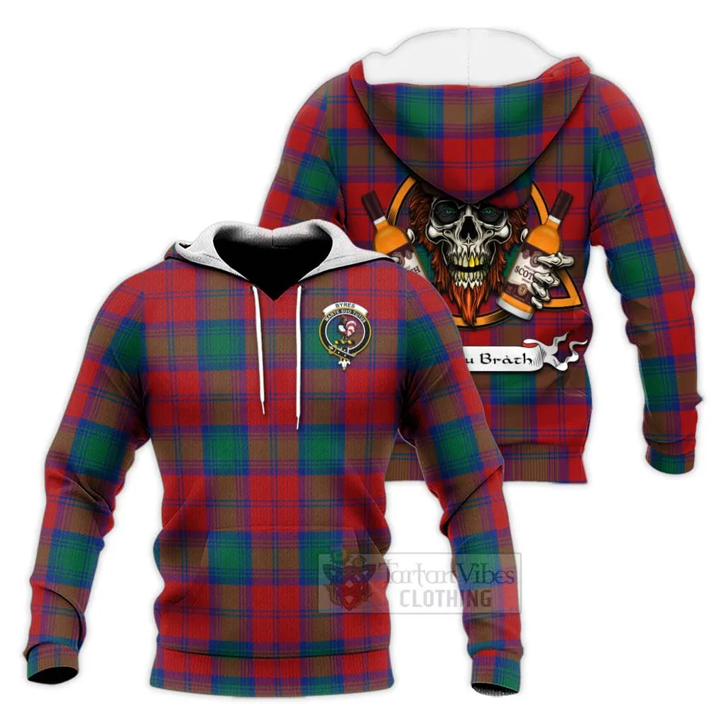 Byres (Byses) Tartan Knitted Hoodie with Family Crest and Bearded Skull Holding Bottles of Whiskey