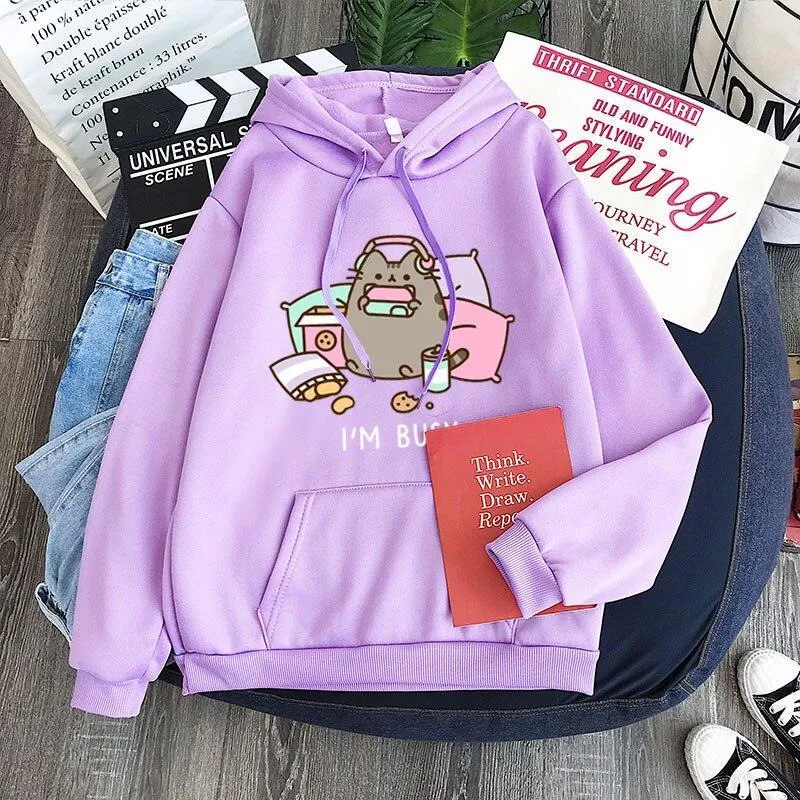 Charming Cat-Themed Fleece Pullover Hoodie for Cozy Spring and Autumn Days