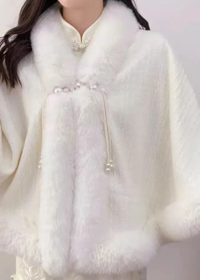 Chic White Tassel Fur Collar Patchwork Warm Fleece Cape Winter WO023