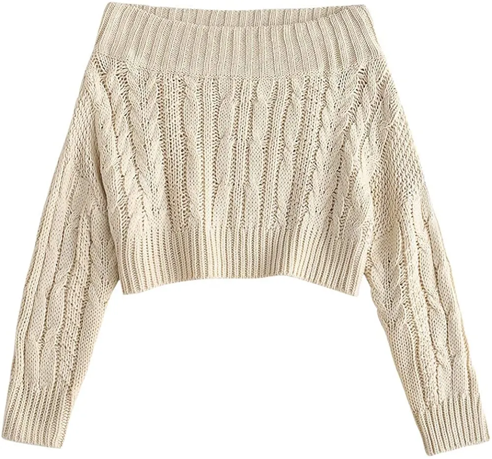 Chunky Cable Knit Beige Off Shoulder Pullover Sweater