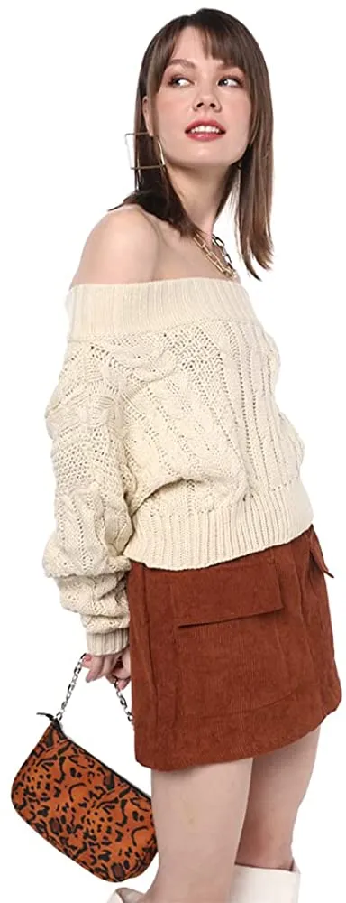 Chunky Cable Knit Beige Off Shoulder Pullover Sweater