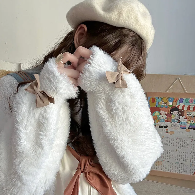 Cookie Brown Bow Long Sleeve White Soft Mohair Knitted Cardigan