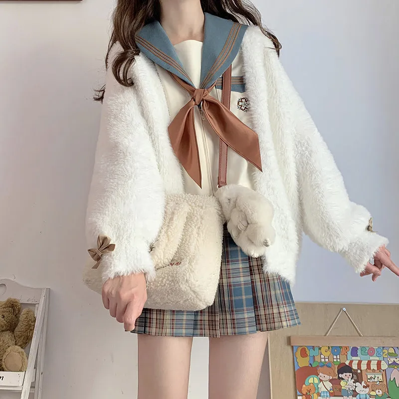 Cookie Brown Bow Long Sleeve White Soft Mohair Knitted Cardigan