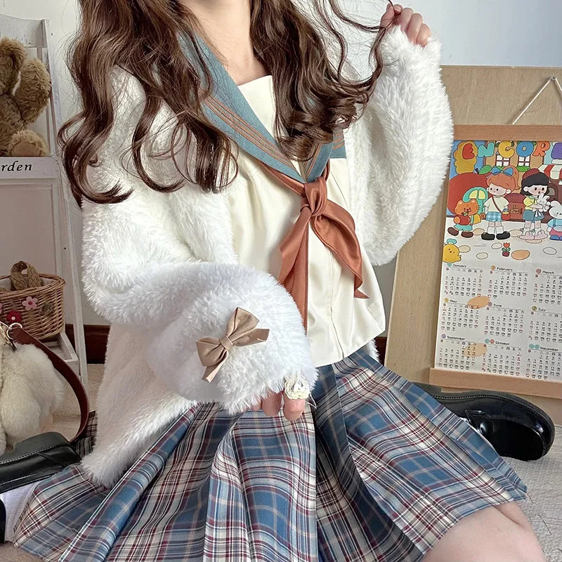 Cookie Brown Bow Long Sleeve White Soft Mohair Knitted Cardigan