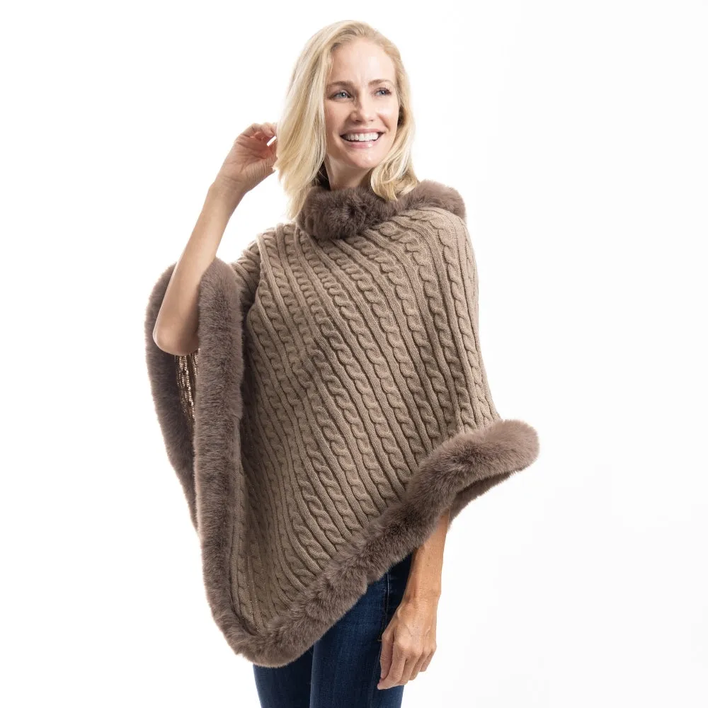 Cozy Cable Poncho with Faux Fur Trim