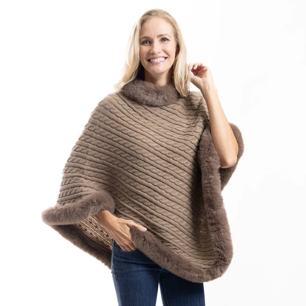 Cozy Cable Poncho with Faux Fur Trim