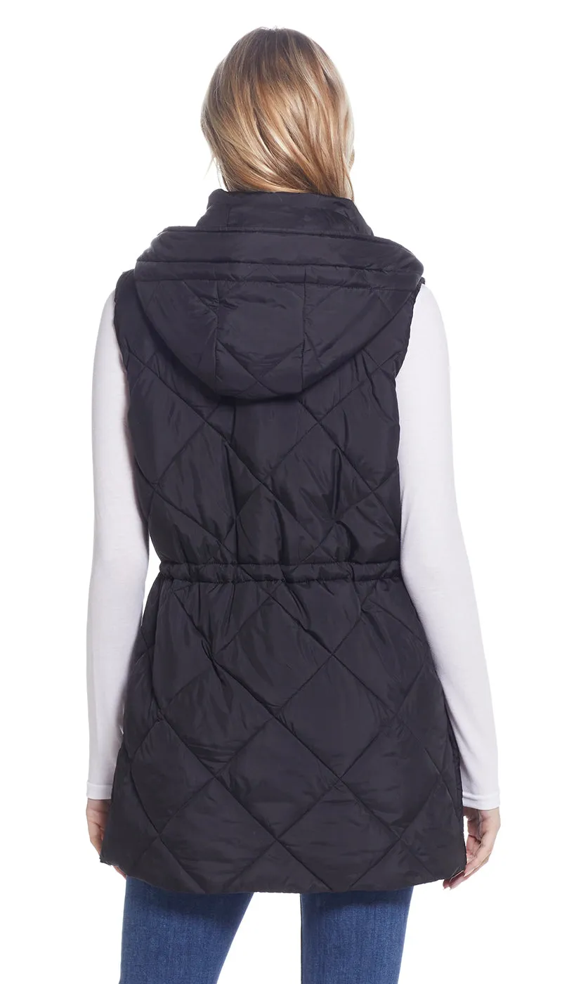 DIAMOND QUILTED LONGLINE HOODED VEST