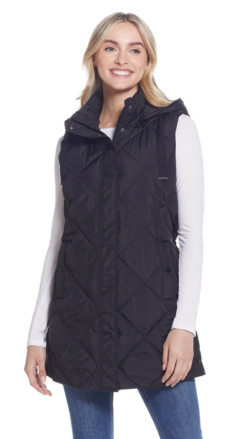 DIAMOND QUILTED LONGLINE HOODED VEST