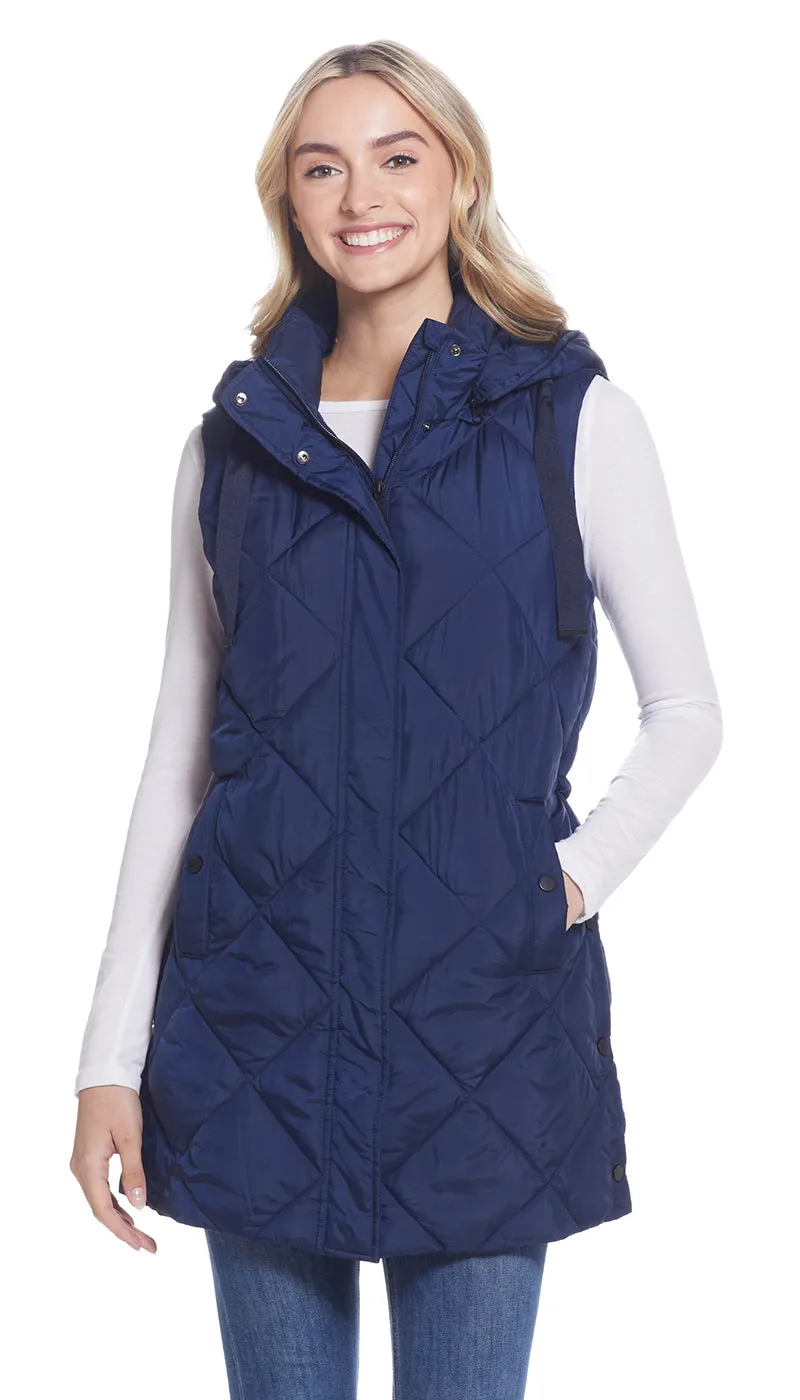 DIAMOND QUILTED LONGLINE HOODED VEST