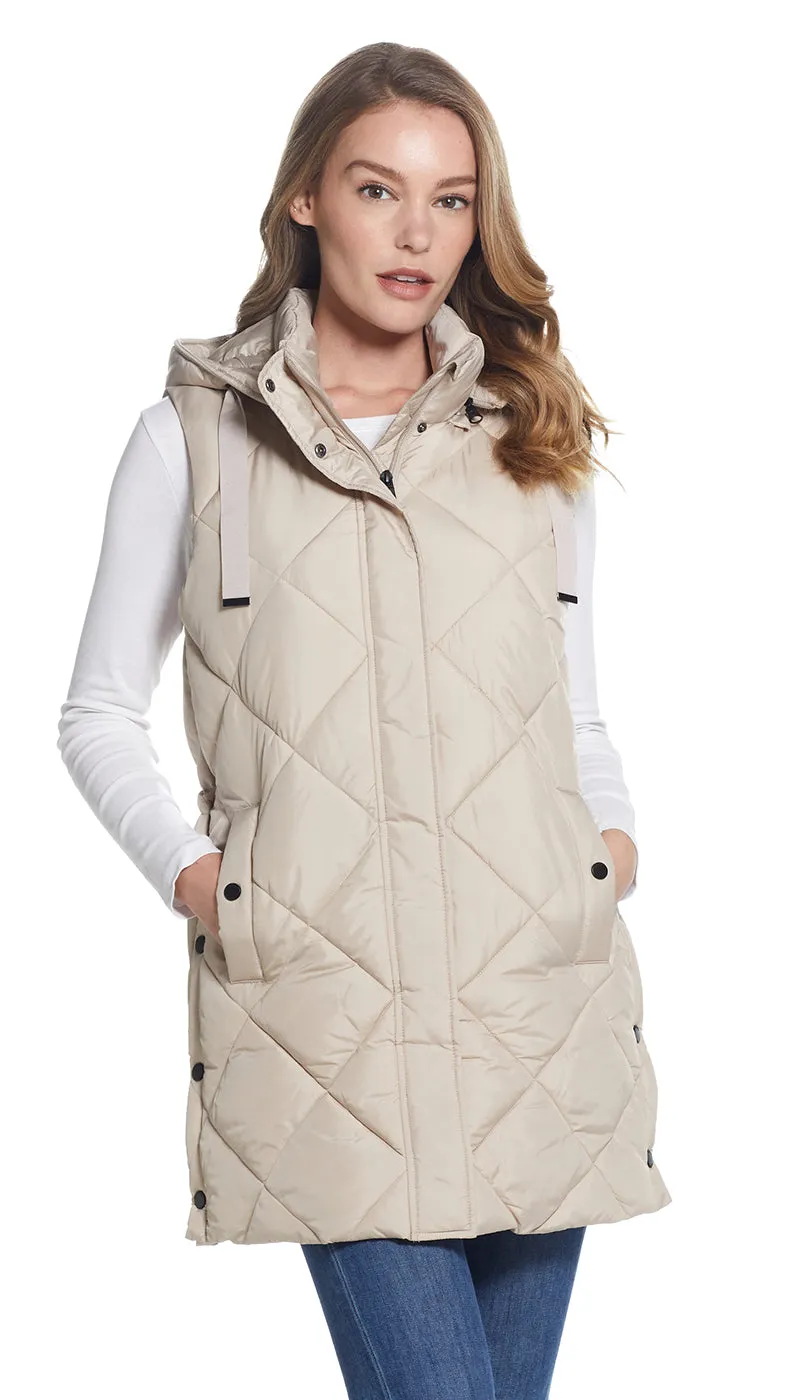 DIAMOND QUILTED LONGLINE HOODED VEST