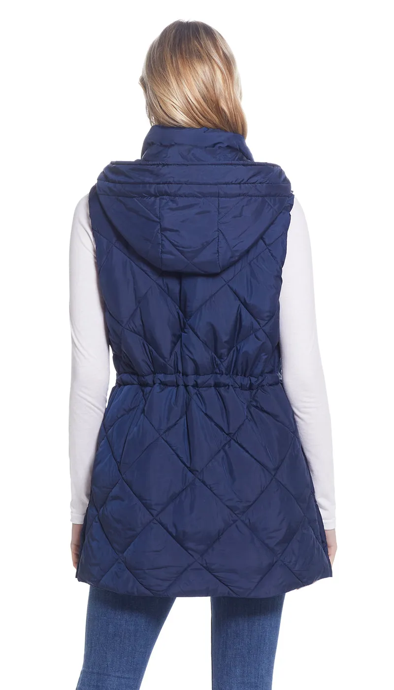 DIAMOND QUILTED LONGLINE HOODED VEST