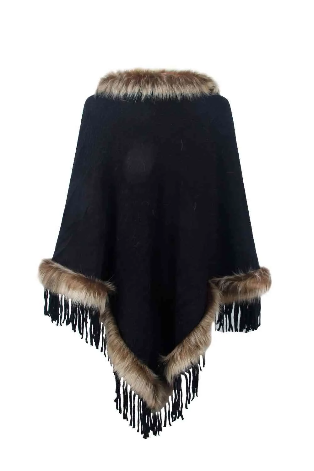 Elegant Fringed Faux Fur Poncho for Stylish Winter Warmth