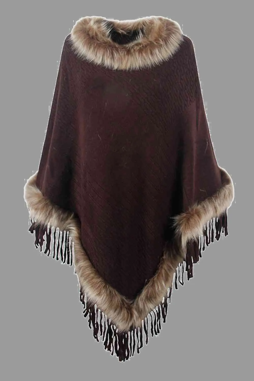 Elegant Fringed Faux Fur Poncho for Stylish Winter Warmth