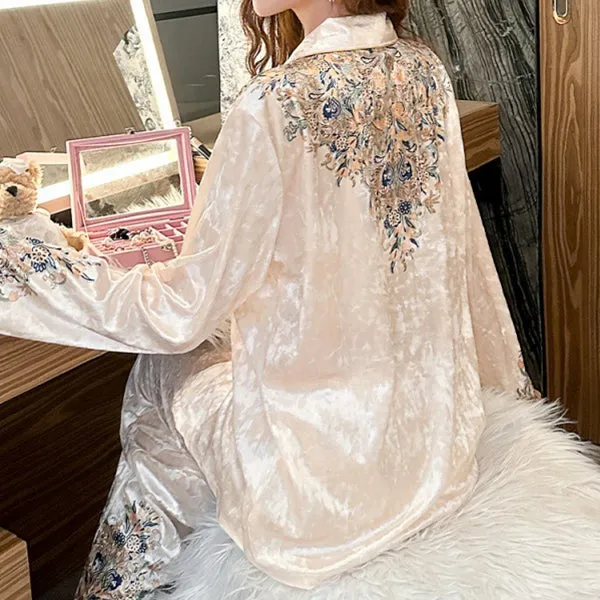 Elegant Lapel Embroidered Velvet Home Pajamas Set