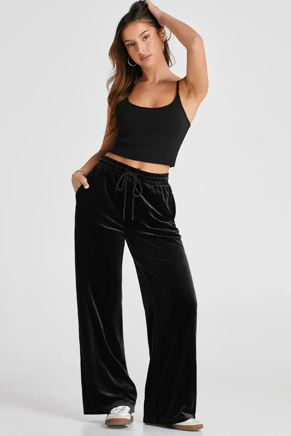 Evergreen Solid Drawstring Waist Wide Leg Pants