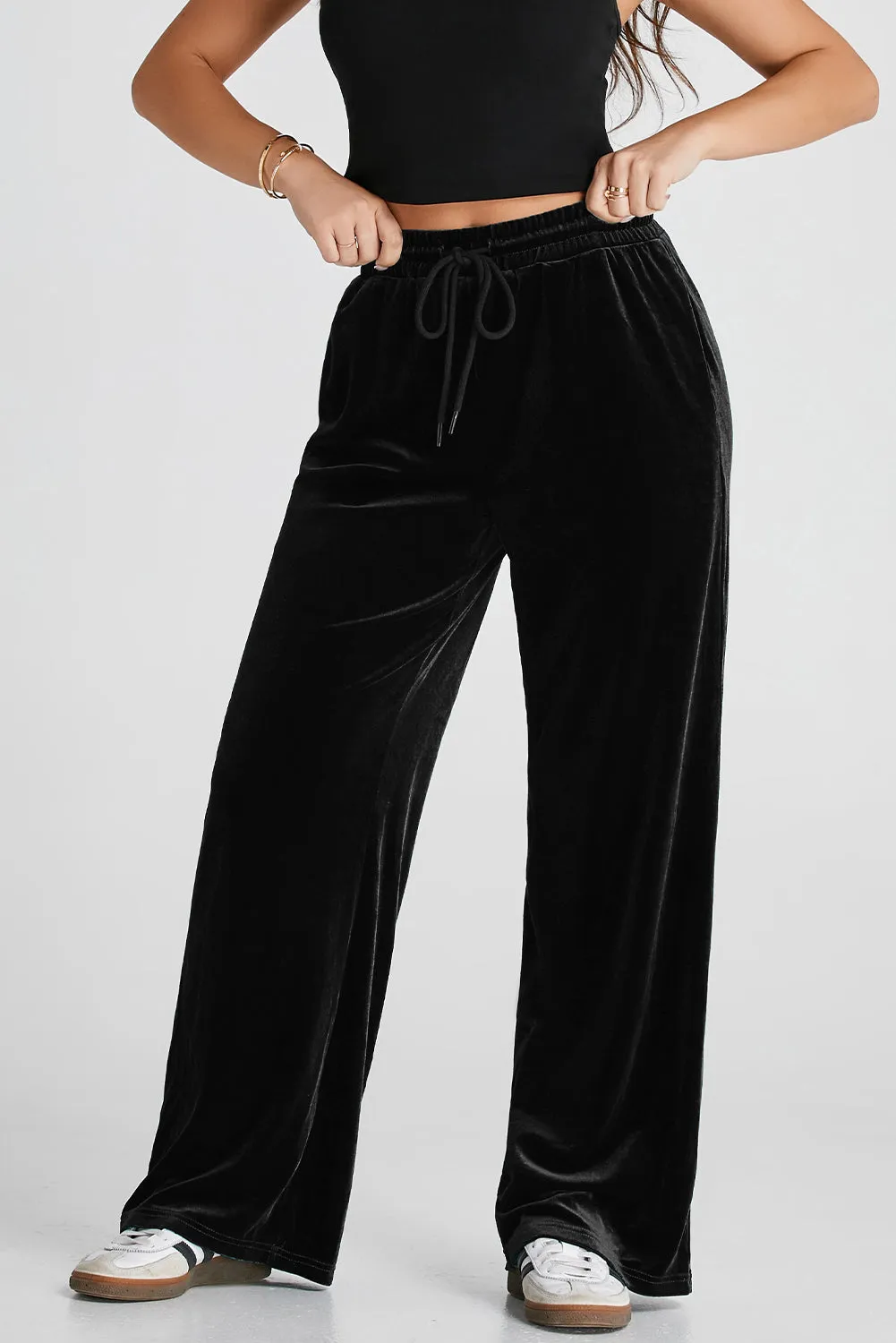 Evergreen Solid Drawstring Waist Wide Leg Pants