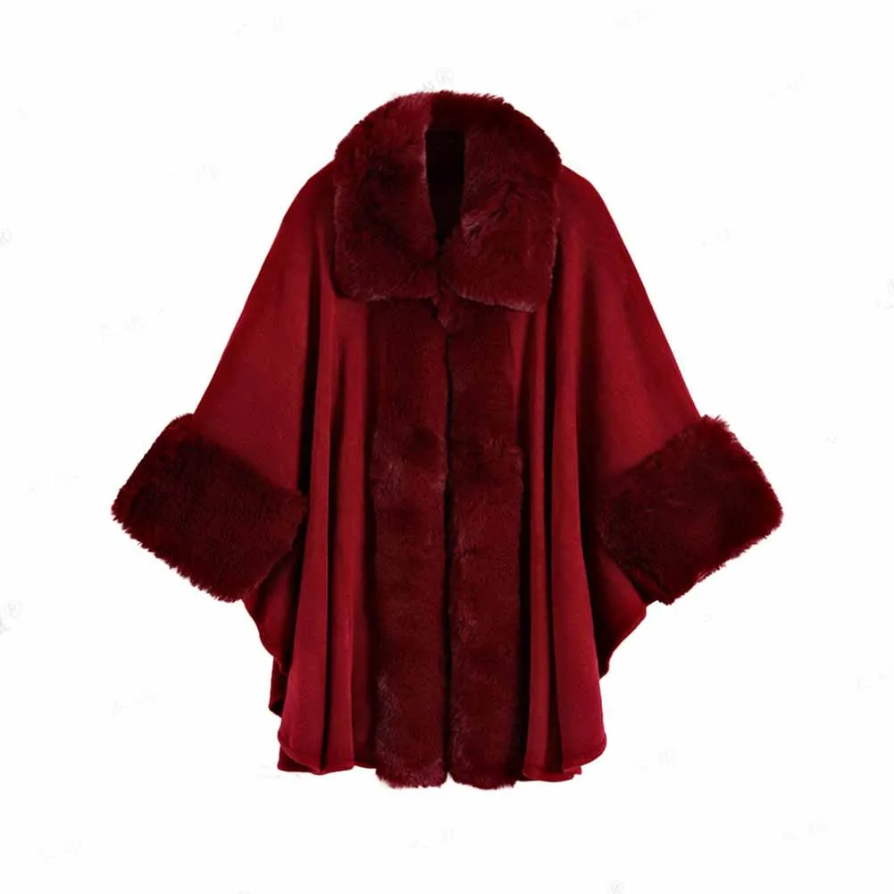 Faux Fox Fur Trim Cardigan Cloak Shawl Wraps Winter Poncho Oversized Cape Coat