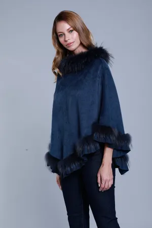 Faux Suede Poncho with Raccoon Fur Trim