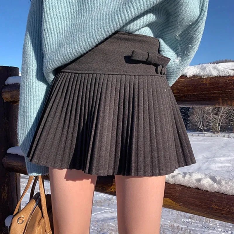 Girlary Preppy Style Pleated Skirt Women Sweet Bow Kawaii Woolen Skirt Korean Style Autumn Winter Solid Aesthetics Mini Skirts