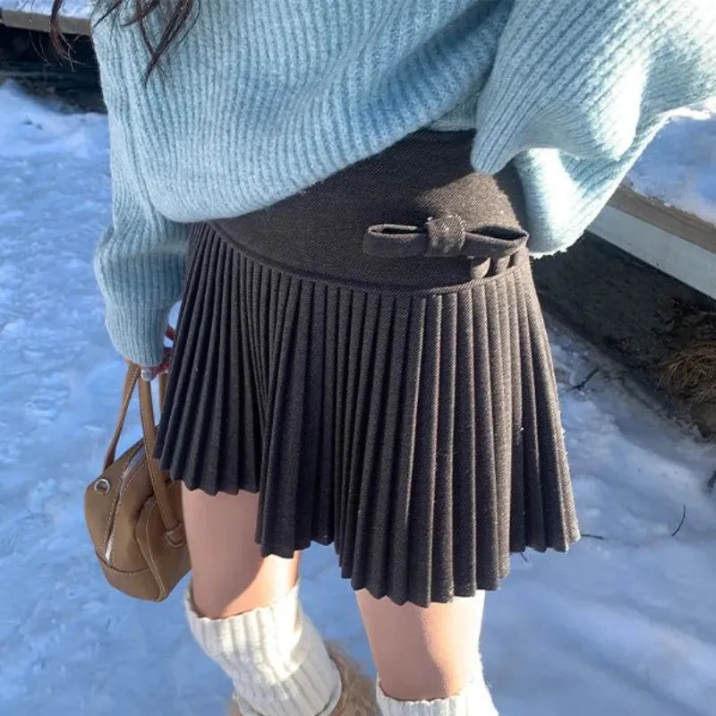 Girlary Preppy Style Pleated Skirt Women Sweet Bow Kawaii Woolen Skirt Korean Style Autumn Winter Solid Aesthetics Mini Skirts