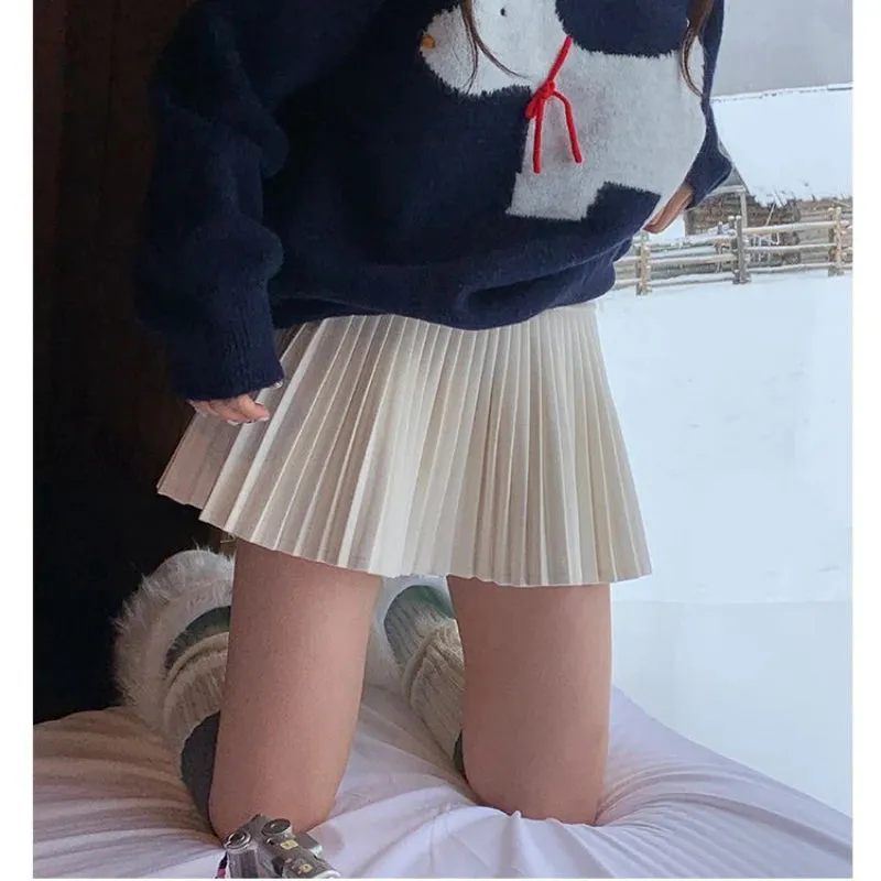 Girlary Preppy Style Pleated Skirt Women Sweet Bow Kawaii Woolen Skirt Korean Style Autumn Winter Solid Aesthetics Mini Skirts