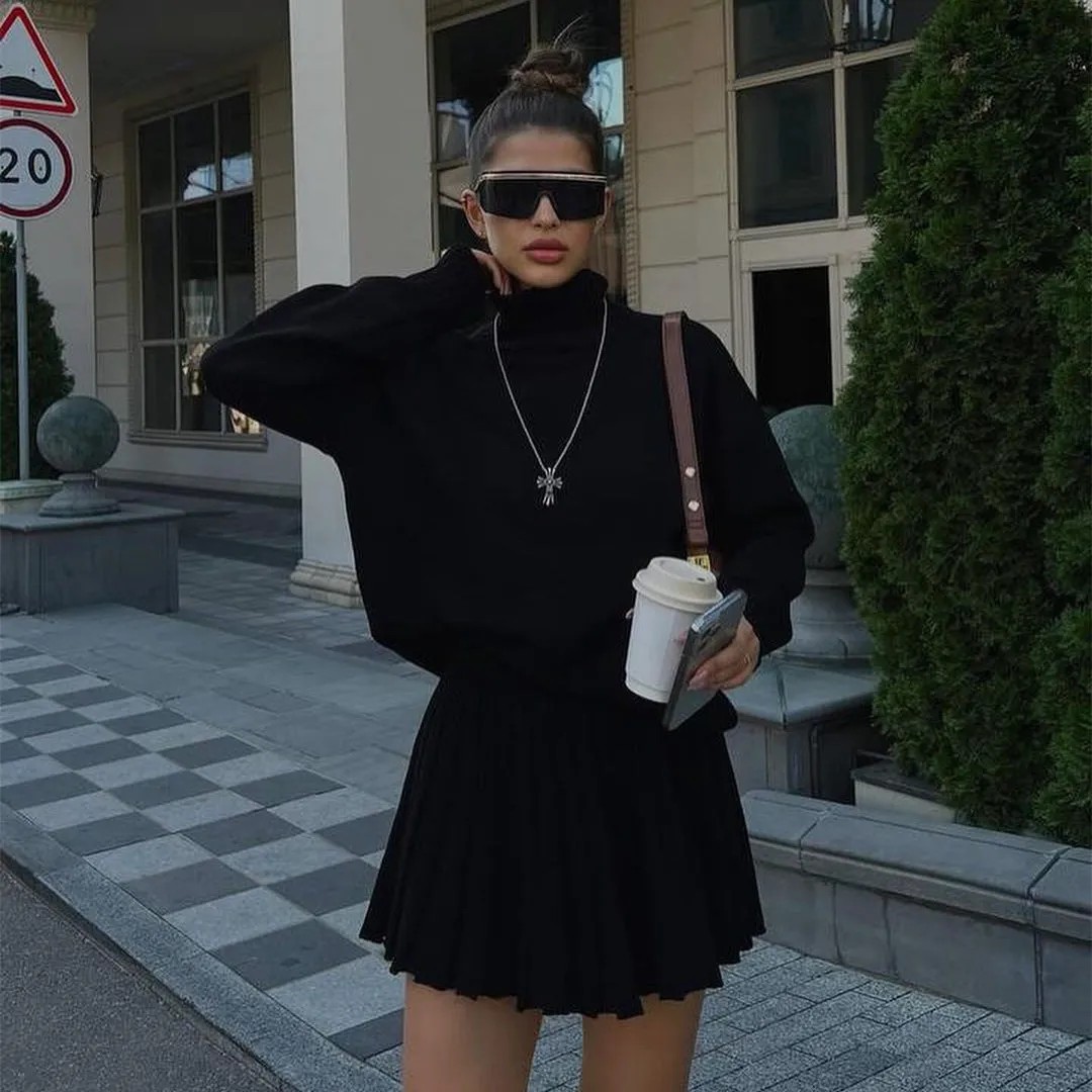 Girlary-shop outfit inspo Suit Women's Fashion Turtleneck Knitted Sweater Women's Autumn and Winter Solid Color Pleated Skirt Short Skirt Two-Piece Set