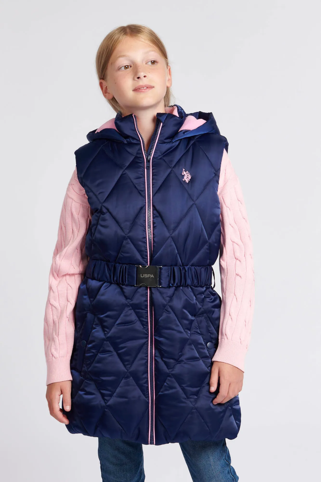 Girls Longline Puffer Gilet in Medieval Blue