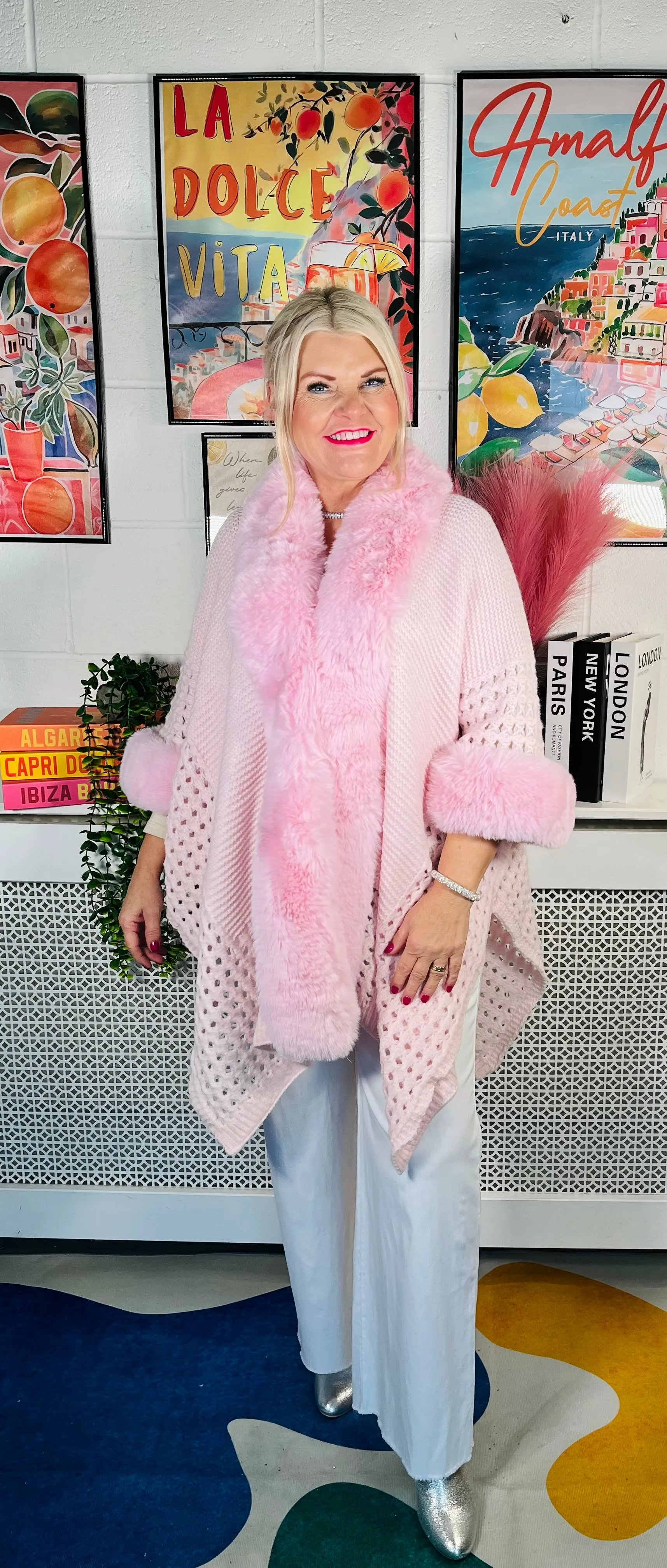 Glaze Faux Fur Cape Knit - Baby Pink