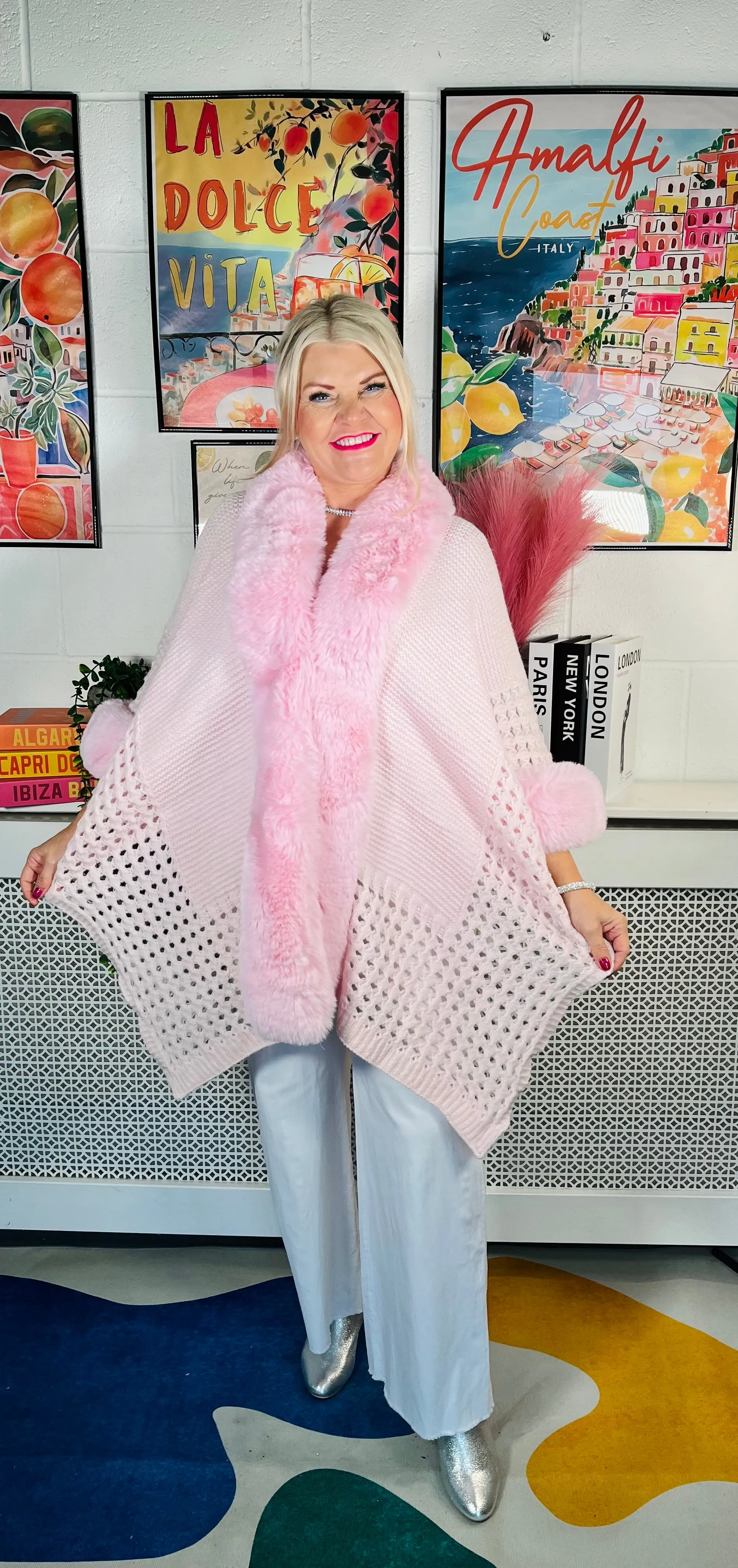 Glaze Faux Fur Cape Knit - Baby Pink