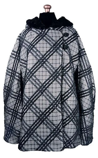 Hooded Cape, Reversible - Silver Plaid Upholstery with Cuddly Faux Fur in Black (One Left!)