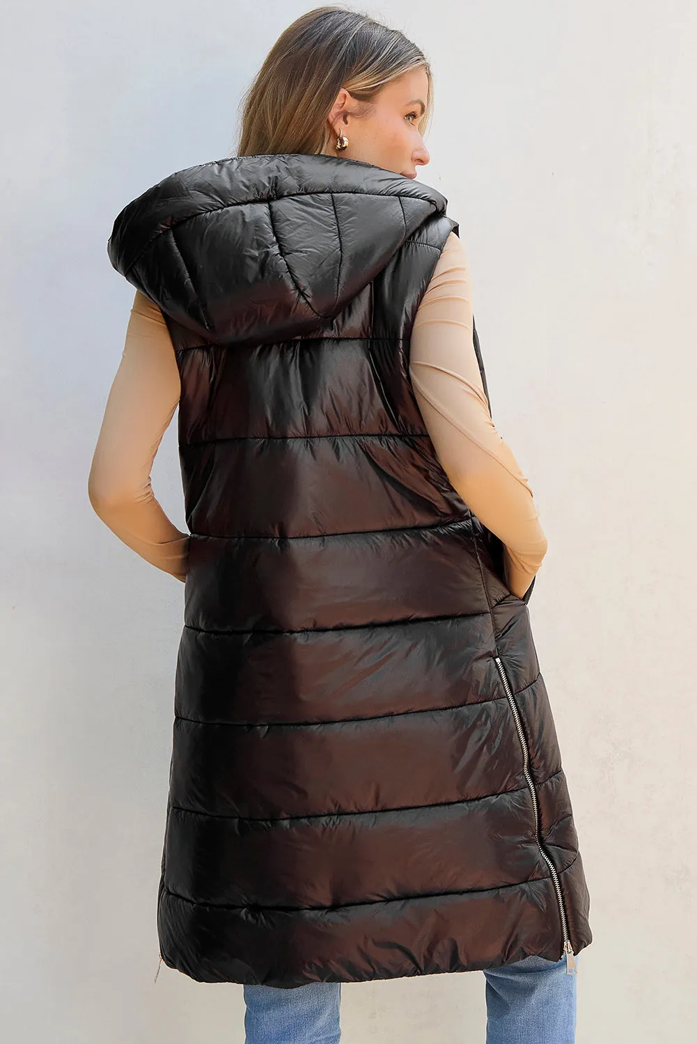 Hooded Long Quilted Vest Coat