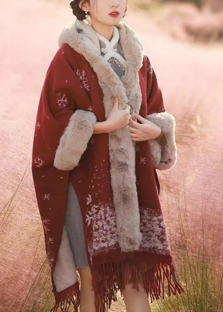 Italian Red Tassel Print Fur Collar Warm Fleece Cape Winter WO020