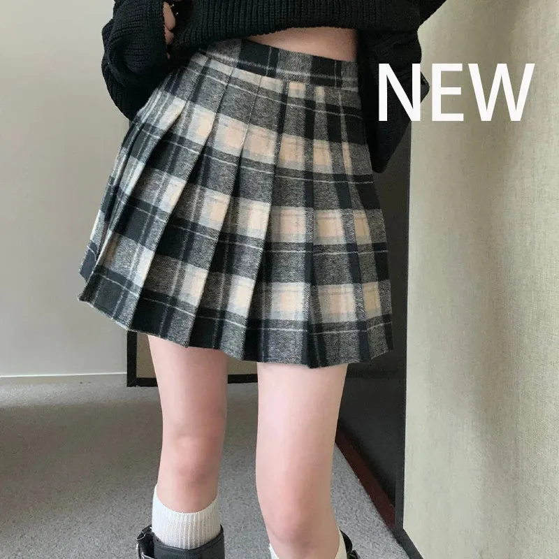 Korean Style Plaid Pleated Skirt Female Spring and Autumn High Waist Thin A-line Short Student Woolen 2022 NewSummer Skirts