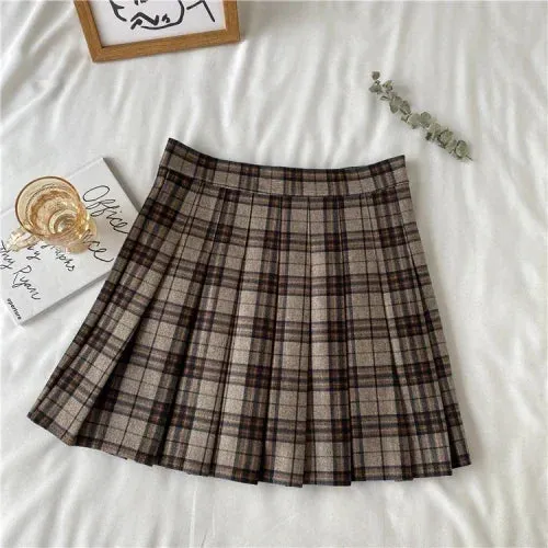 Korean Style Plaid Pleated Skirt Female Spring and Autumn High Waist Thin A-line Short Student Woolen 2022 NewSummer Skirts