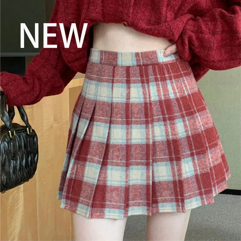 Korean Style Plaid Pleated Skirt Female Spring and Autumn High Waist Thin A-line Short Student Woolen 2022 NewSummer Skirts