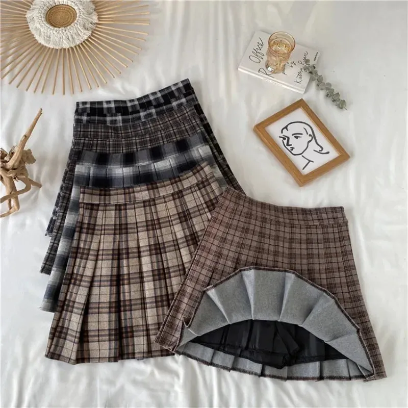 Korean Style Plaid Pleated Skirt Female Spring and Autumn High Waist Thin A-line Short Student Woolen 2022 NewSummer Skirts