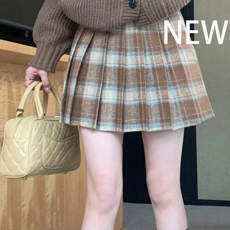 Korean Style Plaid Pleated Skirt Female Spring and Autumn High Waist Thin A-line Short Student Woolen 2022 NewSummer Skirts