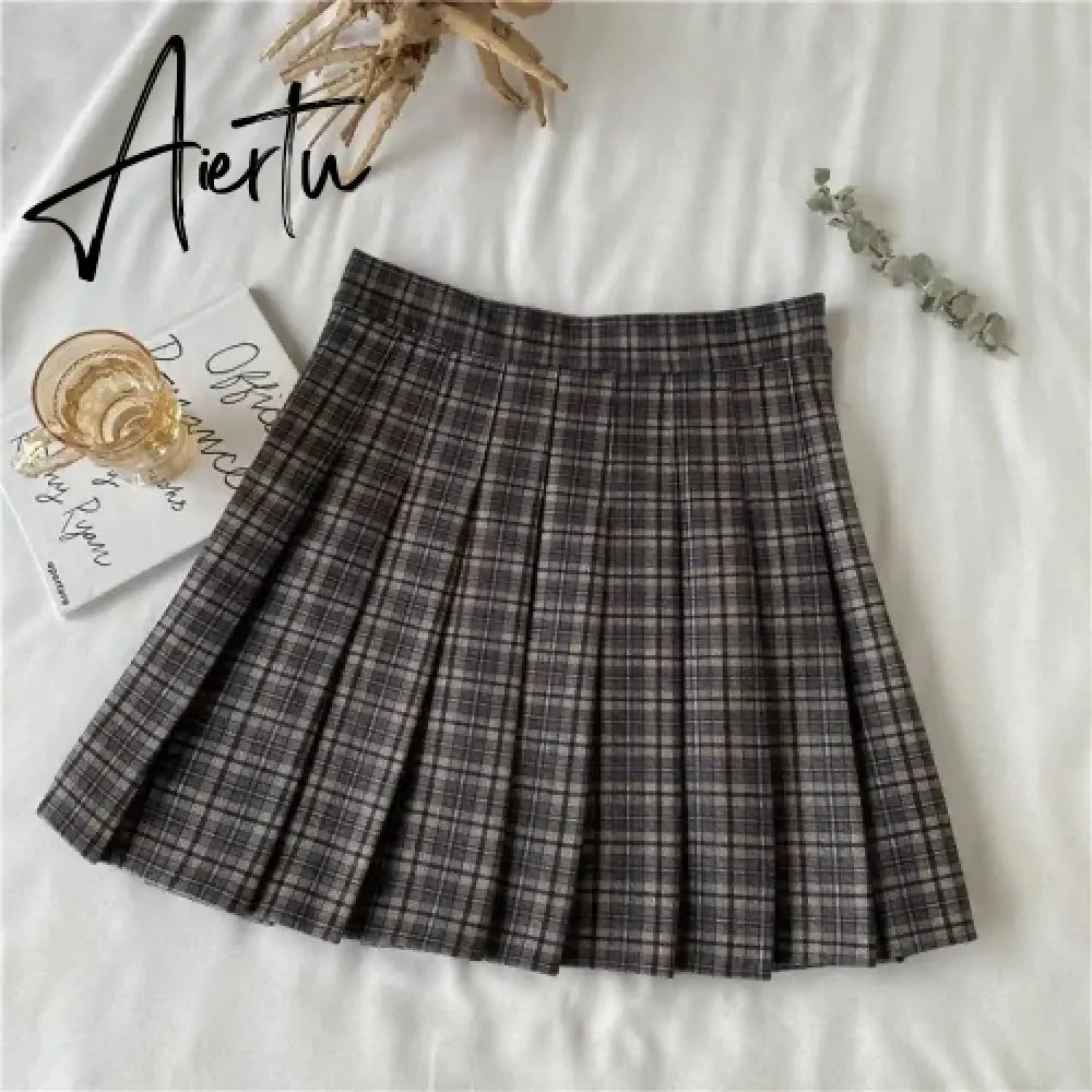 Korean Style Plaid Pleated Skirt Female Spring and Autumn High Waist Thin A-line Short Student Woolen  NewSummer Skirts